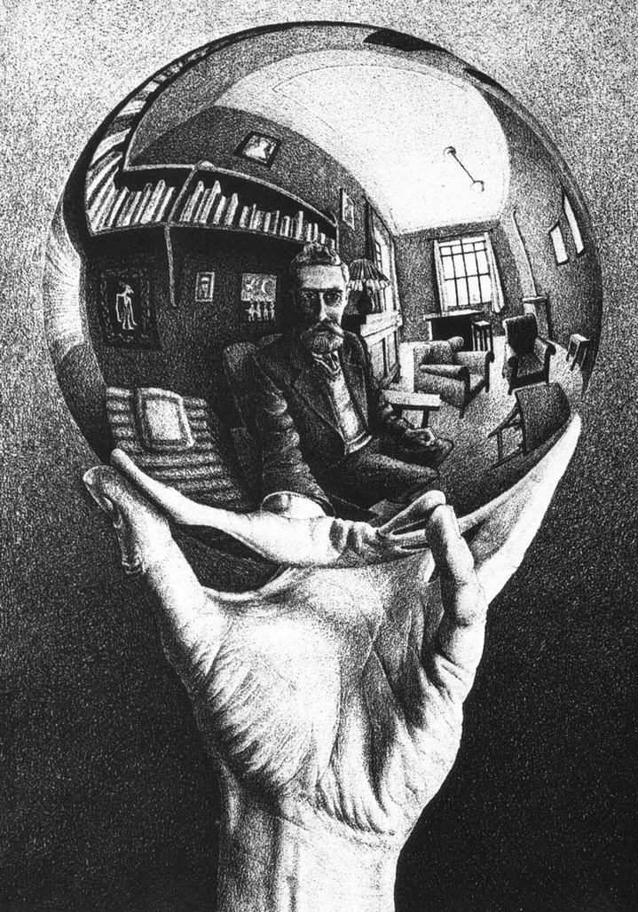 Autoportrait dans un miroir sphérique, lithographie de M. C. Esher (1935).