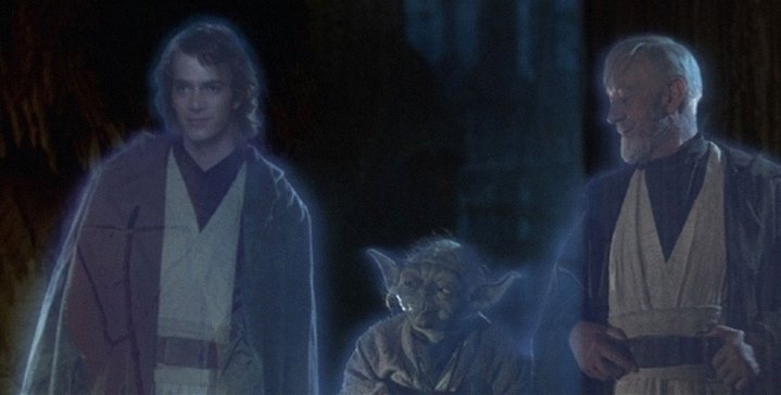 Anakin Skywalker, Yoda et Obi-Wan Kenobi, à la fin de Star Wars, Episode VI, Le Retour du Jedi (version 2004).