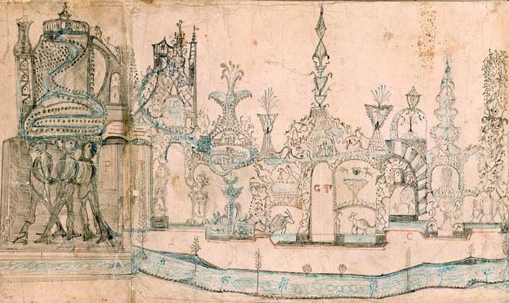 Ferdinand Cheval : plan de la façade Est de son Palais idéal (graphite et crayon de couleur sur six feuilles de papier, 32,5 cm x 96,8 cm, vers 1882). © Collection Musée de la Poste à Paris.