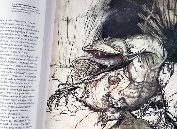Sigurd combattant le dragon Fafnir. - Extrait du livre Tolkien, Créateur de la Terre du Milieu © Éditions Hoëbeke