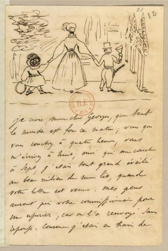 Lettre d'Alfred de Musset à George Sand (1804-1876), en date du 28 juillet 1833. Le poète représente George Sand accompagnée de ses enfants, Maurice et Solange. Source : Wikimedia