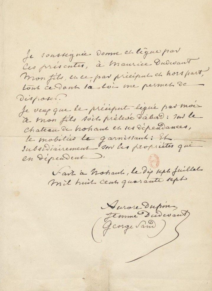 Premier testament de George Sand en faveur de son fils Maurice Sand, le 17 juillet 1847. Source : Wikimedia.