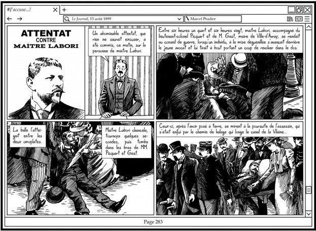 Le traitement médiatique de l'attentat contre Maitre Labori, avocat d'Alfred Dreyfus. Planche 283 de #J’Accuse… ! © Éditions Delcourt 2021 – Jean Dytar
