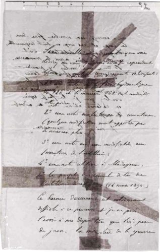 Le bordereau ayant conduit à l'accusation d'espionnage contre Alfred Dreyfus. Photographie datée du 13 octobre 1894. L'original a disparu entre 1900 et 1940.
