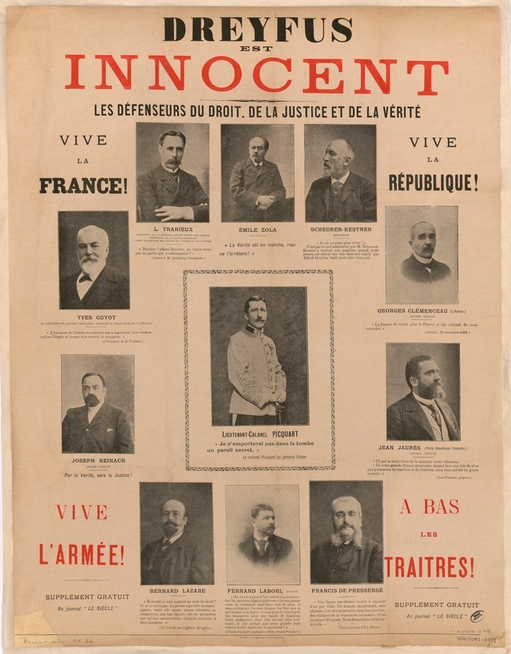 "Dreyfus est innocent : les défenseurs du droit, de la justice et de la vérité" (1899). Affiche dreyfusarde.