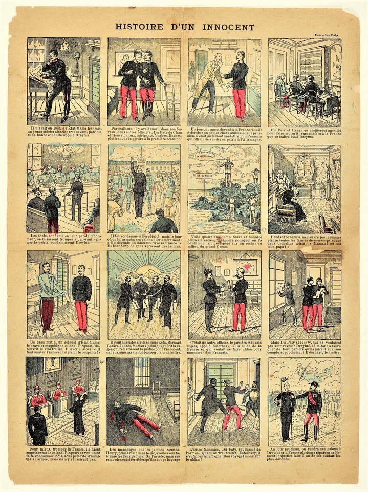 « Histoire d'un innocent », imagerie populaire résumant l'affaire Dreyfus en seize cases, Paris, imprimerie Pochy, 1900.
