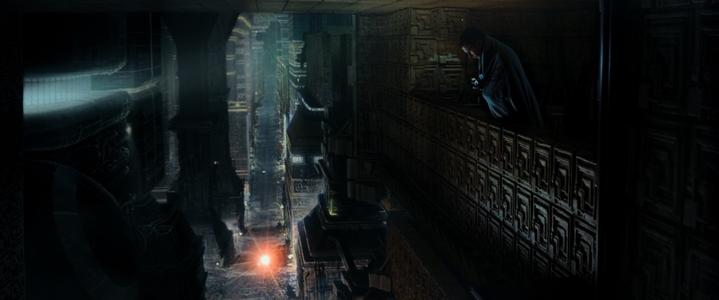 Vision de Deckard à son balcon, dans Blade Runner.
