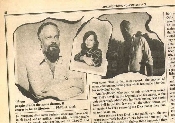 Photos de Philip K. Dick et, au centre, de sa cinquième épouse, Tessa. Extrait de l'article de Paul Williams. © Rolling Stone, 6 novembre 1975.