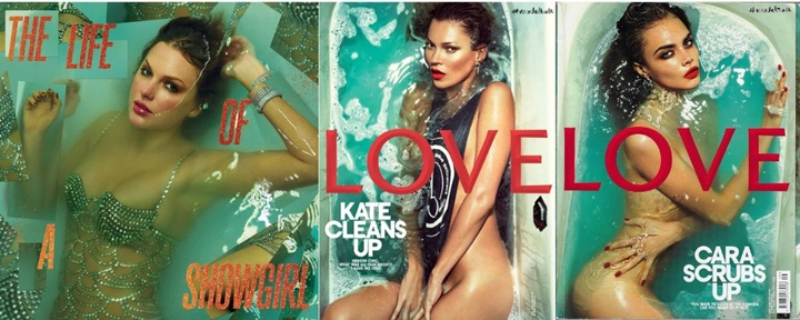 pochette de the life of a showgirl de taylor swift et des couvertures de mert alas & marcus piggott pour love magazine avec kate moss et cara delevingne en 2013