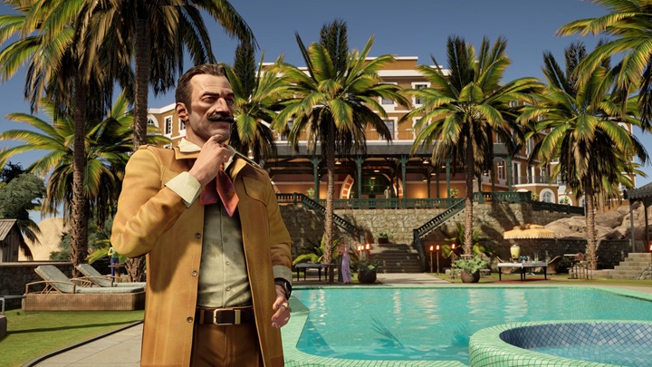 capture d'écran du jeu vidéo agatha christie mort sur le nil sur ps5 hercule poirot près de la piscine