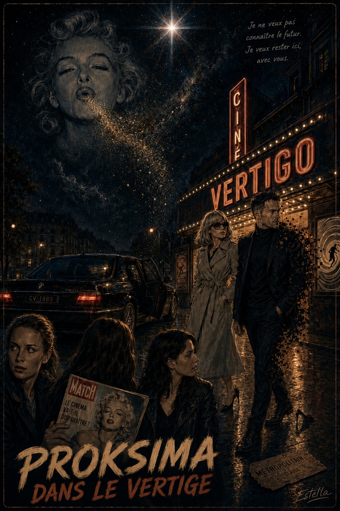 affiche pop art par estella pour culturellement vôtre proksima dans le vertige rendant hommage à l'album vertigo du groupe suisse proksima avec olivier steiner et isabelle adjani